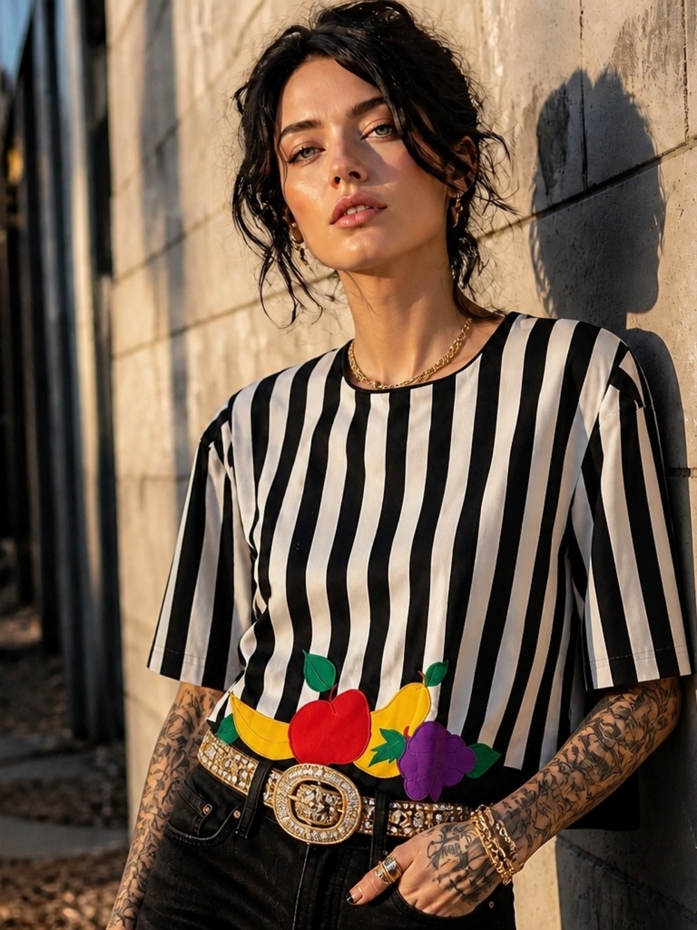 Sharon Young Black & White Striped Short Sleeve Top with Colorful Fruit Appliqué